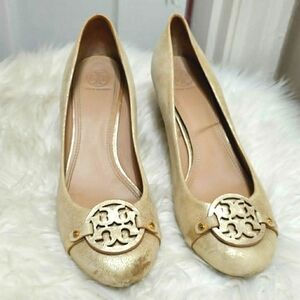 Tory Burch Gold Metallic Leather Wedge Pumps Heels Women's Size 10.5 M🌴